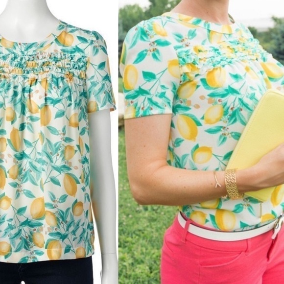 🍋 Elle lemon citrus leaf print ruffle shirt blouse top - Picture 1 of 6